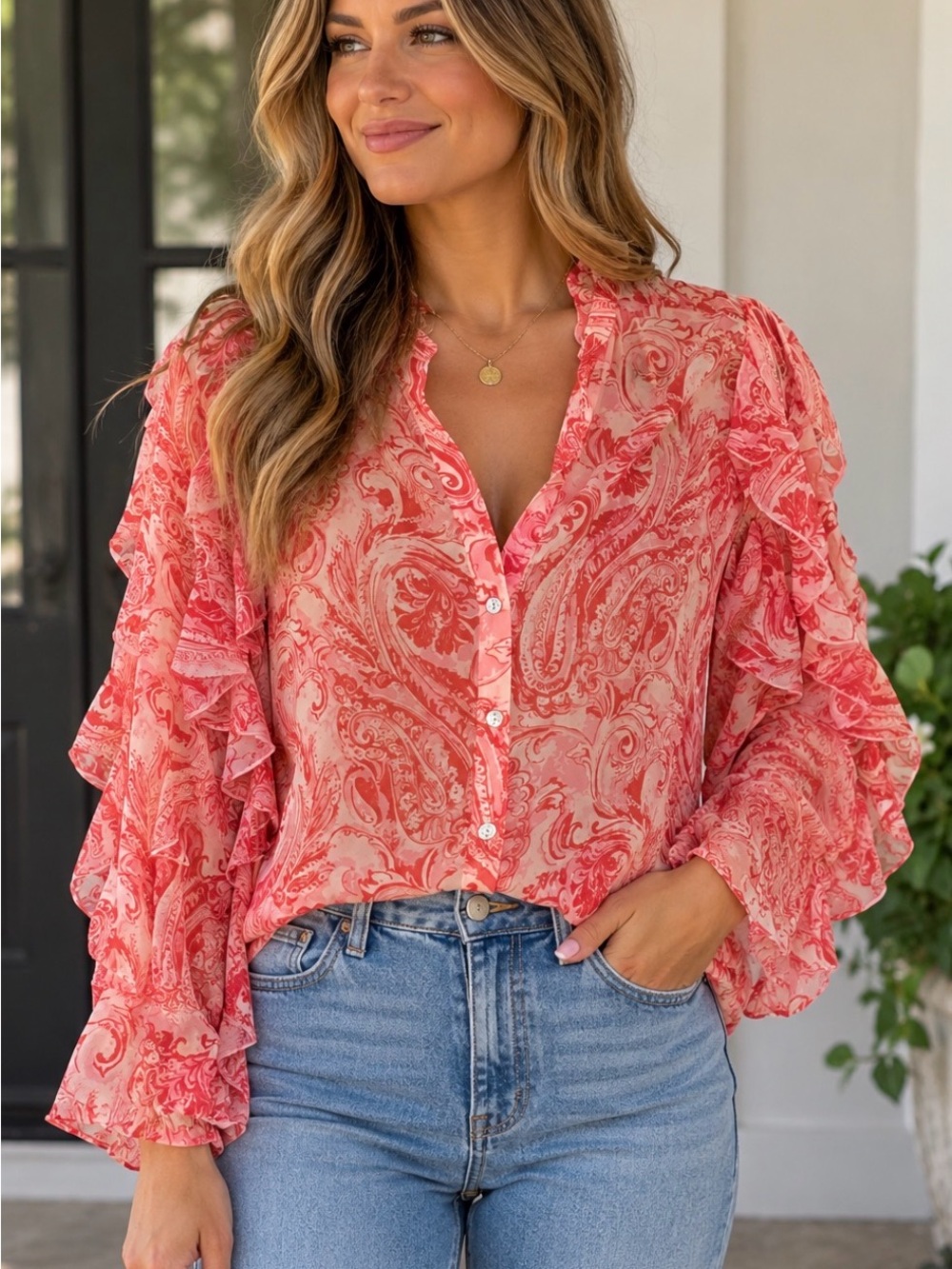 Women's Coral Paisley Ruffle Blouse Large Like New Boho Hippie